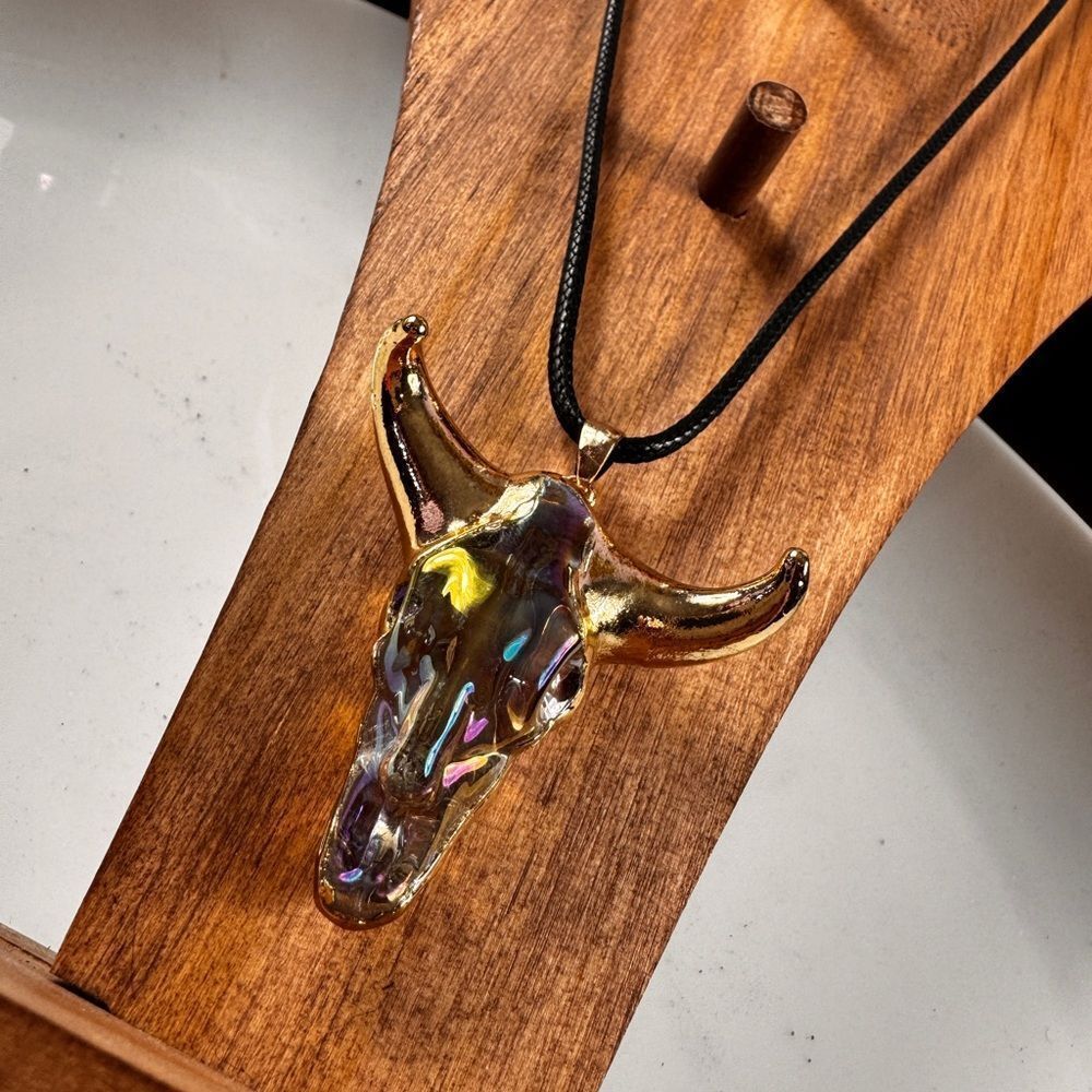 Gold and Iridescent Bull Skull Pendant Necklace